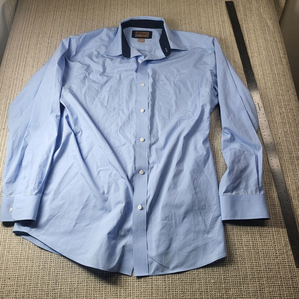 Ariat Shirt Mens L Blue Wrinkle Free Button Down Long Sleeve Contrast Trim 6436